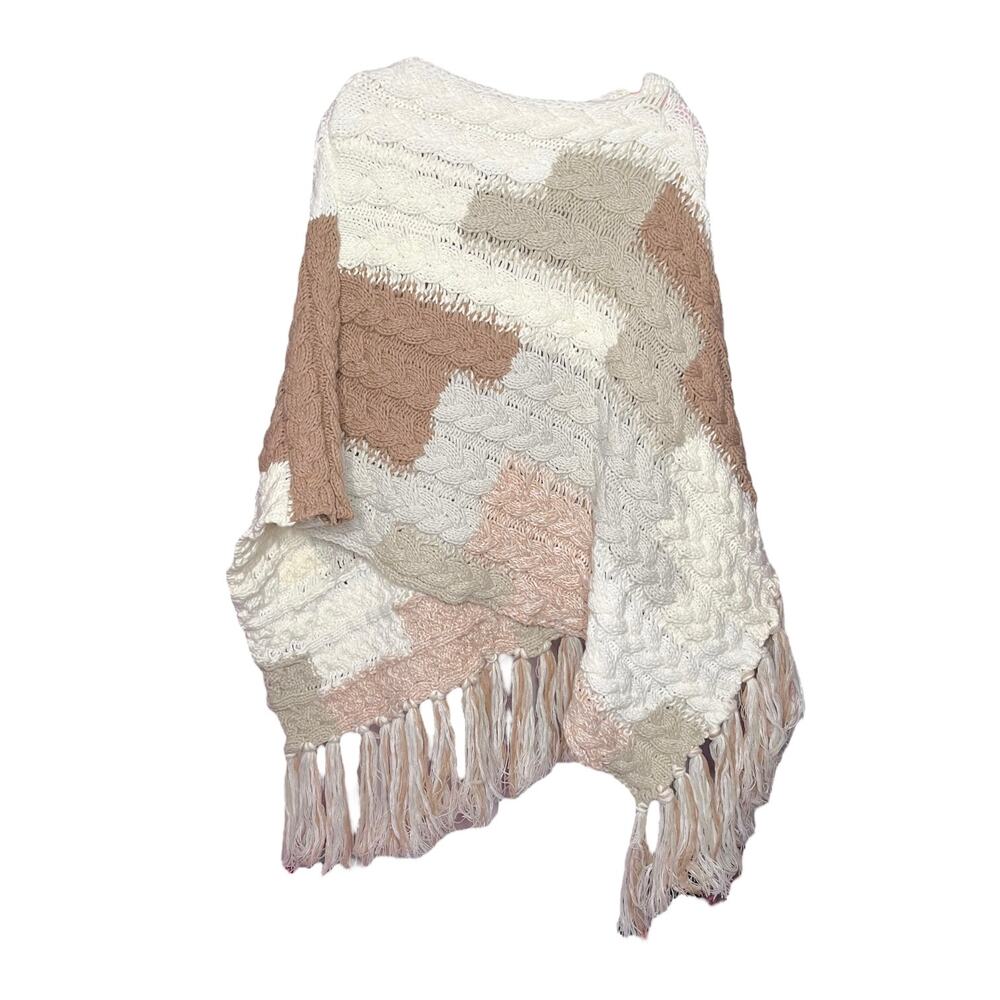 Free People Revelry Cable Fringe Poncho Toasted Marshmallow One Size